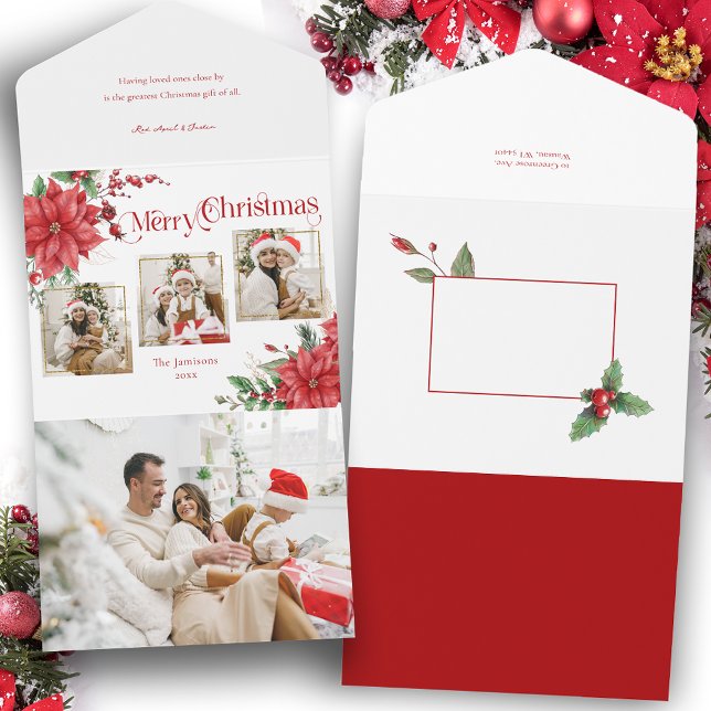 Poinsettia & Frohe Weihnachtstypografie 3-Foto All In One Einladung (Von Creator hochgeladen)