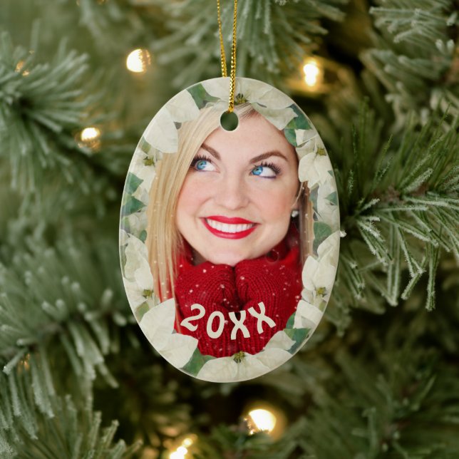 Poinsettia Garden, Soft Cream, Photo Holiday Keramik Ornament (Baum)