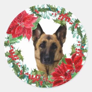 Poinsettia German Shepherd Dog Weihnachtskranz Runder Aufkleber