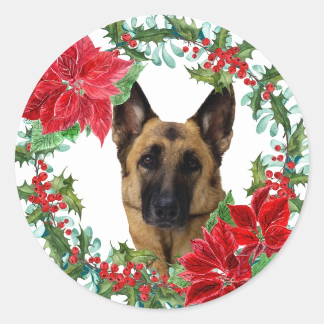 Poinsettia German Shepherd Dog Weihnachtskranz Runder Aufkleber (Vorderseite)