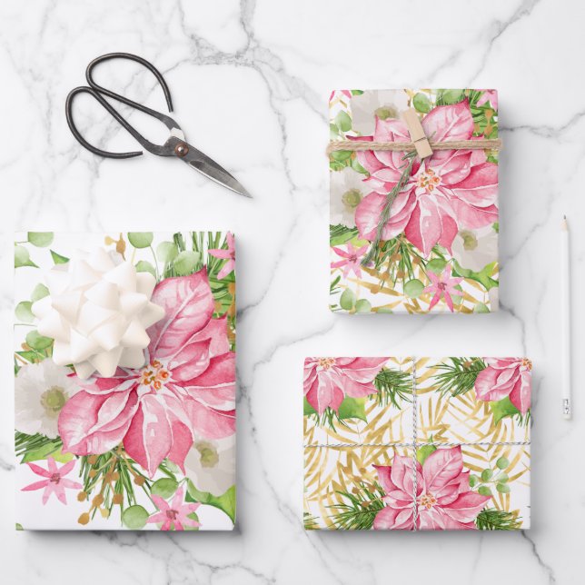 Poinsettia Goldpalme Tree Geschenkpapier Set (Vorderseite)