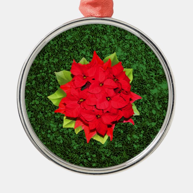 Poinsettia Green Glitter Background Ornament Aus Metall (Vorne)