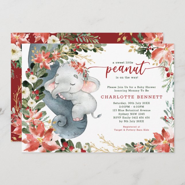 Poinsettia Greenery Elephant Holiday Baby Shower Einladung (Vorne/Hinten)