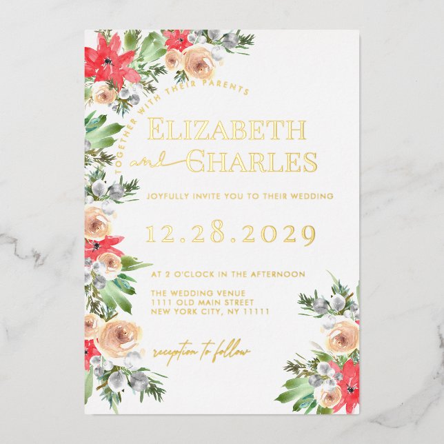 Poinsettia Grüne Weihnachtsfeiertage Hochzeit Folieneinladung (Vorderseite)