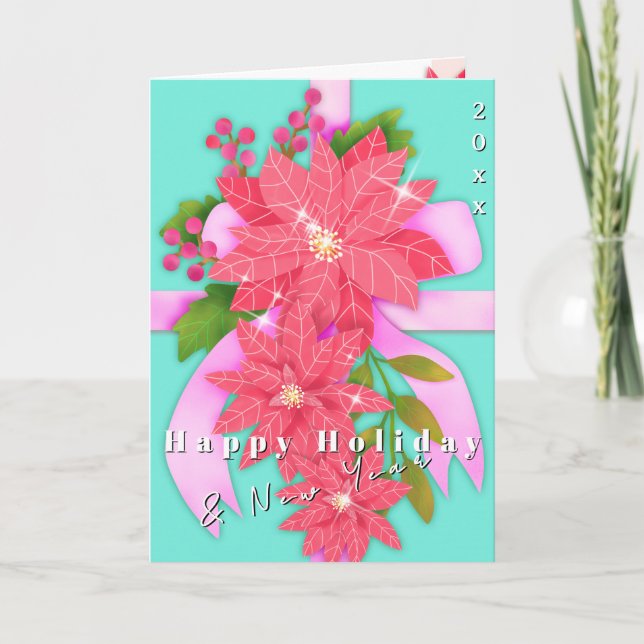 Poinsettia Happy Holiday New Year Aqua Blue Karte (Vorderseite)