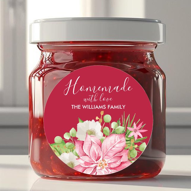 Poinsettia hausgemacht mit Liebe Weihnachtsgebäck Runder Aufkleber (Poinsettia Homemade With Love Christmas Baking 3" Round Stickers)