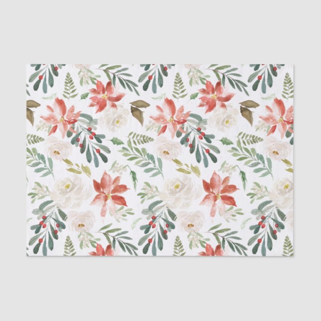 Poinsettia Holly Berry Ivory Floral Holiday Season Seidenpapier (Vorderseite)