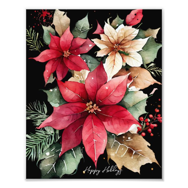 Poinsettia Holly Berry Red White Blumen Christmas Fotodruck (Vorne)