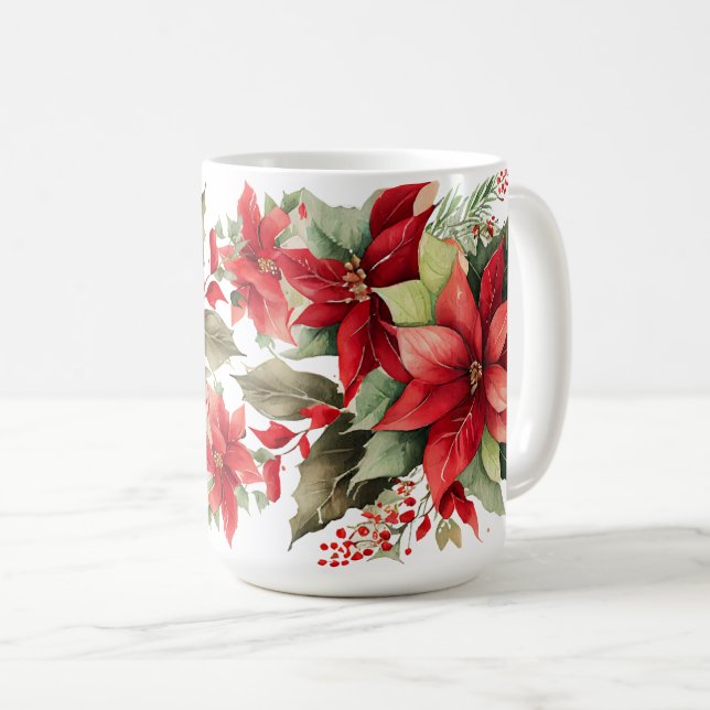 Poinsettia Holly Berry Red White Blumen Christmas Kaffeetasse (VorderseiteRechts)