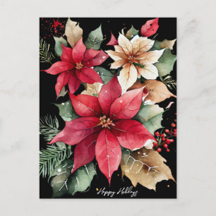 Poinsettia Holly Berry Red White Blumen Christmas Postkarte