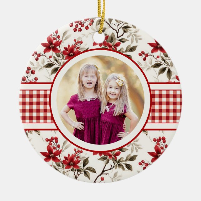 Poinsettia Holly Gingham Border Holiday Foto Card Keramik Ornament (Vorne)