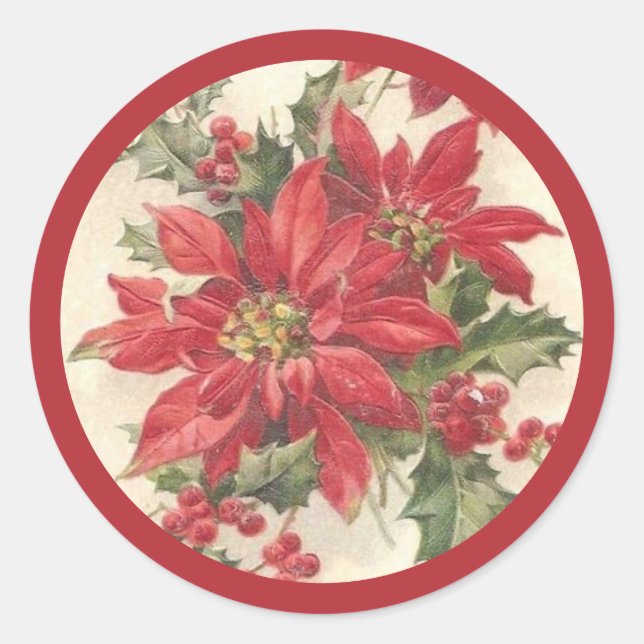 Poinsettia Holly Vintage Weihnachtsfeiertag Siegel Runder Aufkleber (Vorderseite)