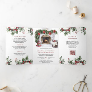 Poinsettia-Kamin-Weihnachts-Hochzeit QR-Code Dreifach Gefaltete Einladung
