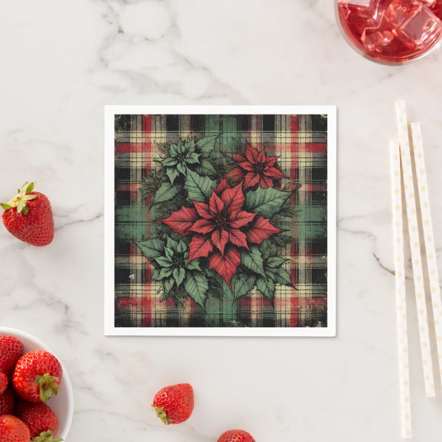 Poinsettia Kariertes Fabric Grunge Art Decoul Serviette (Beispiel)