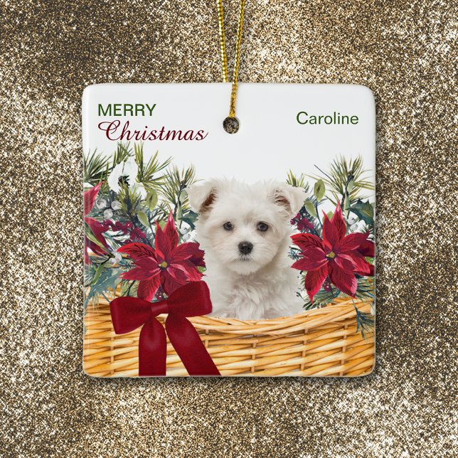 Poinsettia Maltese Puppy Christmas Basket Keramikornament (Von Creator hochgeladen)