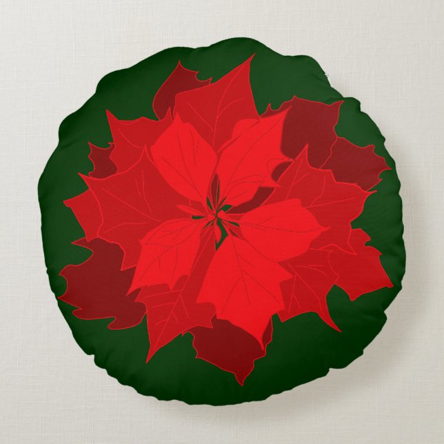 Poinsettia Modernes Grün-Kissen für Weihnachten Rundes Kissen (Rückseite)