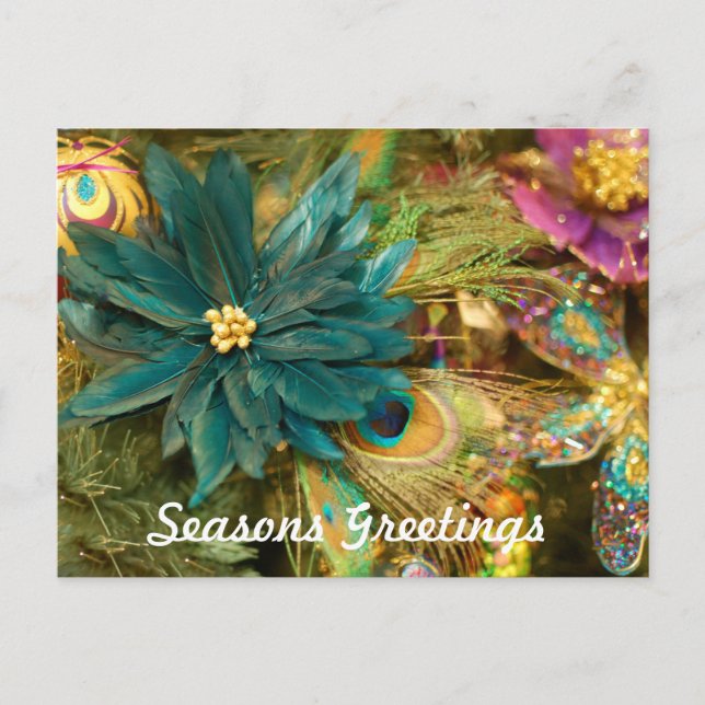 Poinsettia Peacock Feather Christmas Postcard Feiertagspostkarte (Vorderseite)