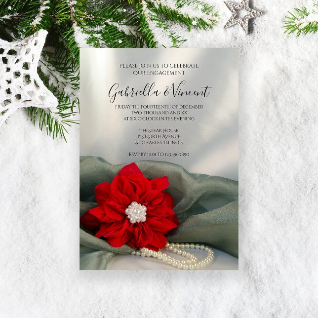 Poinsettia Pearls zur Partei des grünen Winters Einladung (Celebrate your December winter engagement with the Poinsettia and Pearls Party Invitation.)