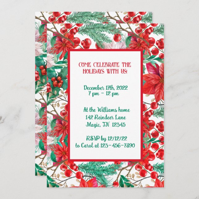 Poinsettia, Pine Boughs und Red Berries Einladung (Vorne/Hinten)