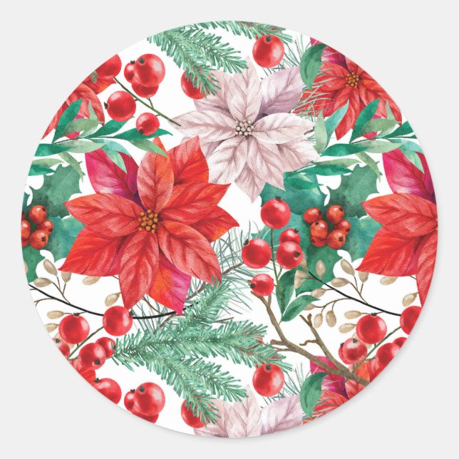 Poinsettia, Pine Boughs und Red Berries Runder Aufkleber (Vorderseite)