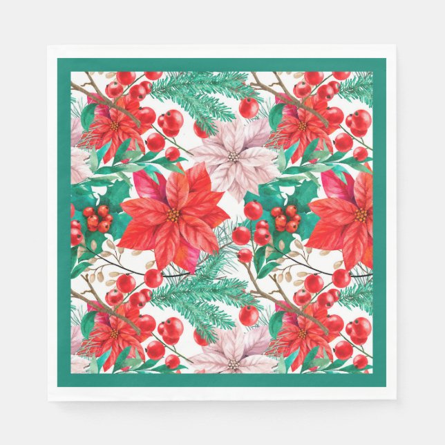Poinsettia, Pine Boughs und Red Berries Serviette (Vorderseite)