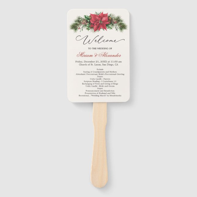 Poinsettia Pine Cones Holly Wedding Program Fächer (Vorderseite)
