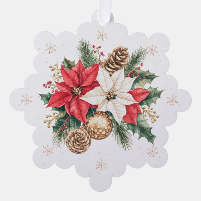 Poinsettia Pine Holly Christmas Foto Ornament Karte (Vorderseite)