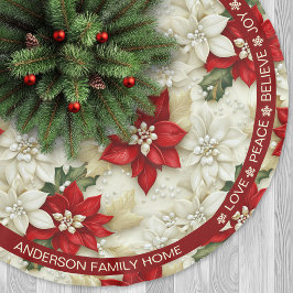 Poinsettia Red Beige Festliche Worte Weihnachten Polyester Weihnachtsbaumdecke