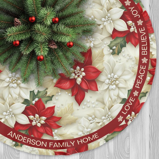 Poinsettia Red Beige Festliche Worte Weihnachten Polyester Weihnachtsbaumdecke (Poinsettia Red Beige Festive Words Christmas Brushed Polyester Tree Skirt)