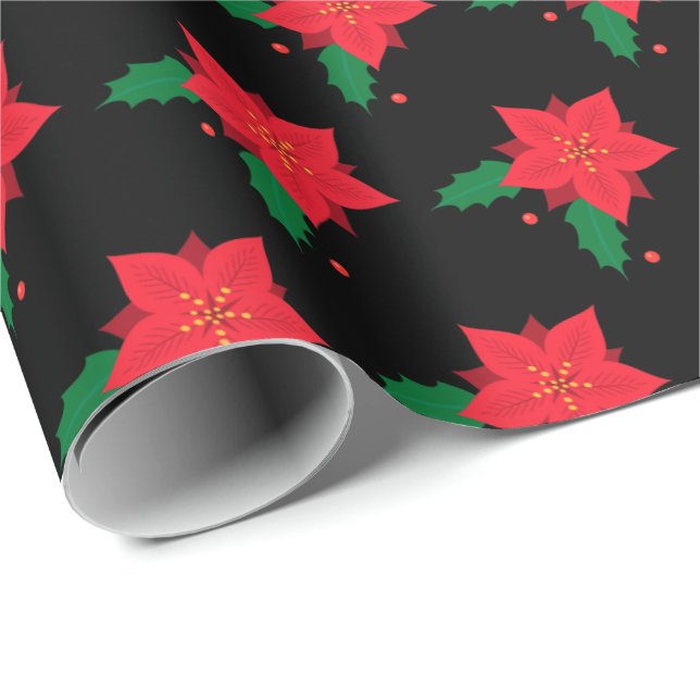 Poinsettia Red Christmas Blume Pattern auf Schwarz Geschenkpapier (Rolleneckpunkt)