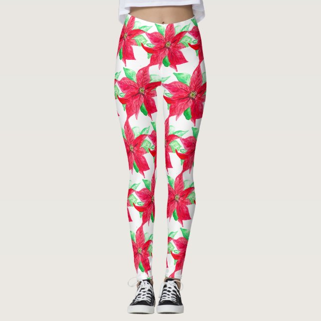Poinsettia Red Floral Christmas Blume Leggings (Vorderseite)