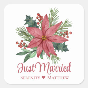 Poinsettia Red Floral Winter Just Married Wedding Quadratischer Aufkleber