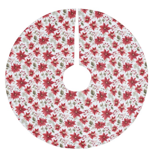 Poinsettia Red White Green Holiday Weihnachten Polyester Weihnachtsbaumdecke (Vorderseite)