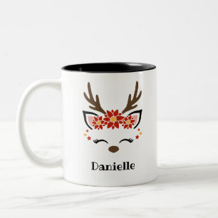 Poinsettia Reindeer Face Personalisierter Name Hol Zweifarbige Tasse