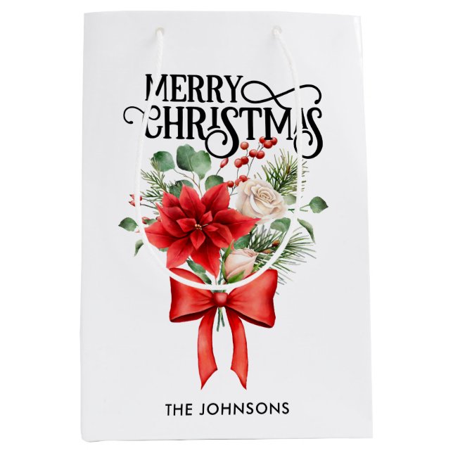 Poinsettia Rose Blume Bouquet Mittlere Geschenktüte (Vorderseite)