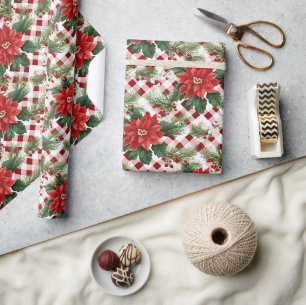 Poinsettia Rot-Weiß-Karuiert Weihnachtsgeschenk Geschenkpapier