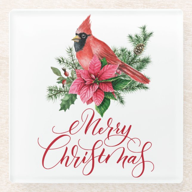 Poinsettia Roter Kardinal Weihnachtsfeiertag Glasuntersetzer (Vorderseite)
