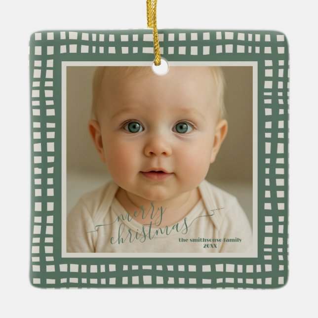 Poinsettia Sage Green Ivory Christmas two Photo Keramikornament (Vorderseite)