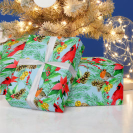Poinsettia Spruce Branches Cones Robin Kardinals Geschenkpapier