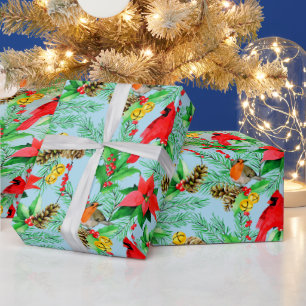 Poinsettia Spruce Branches Cones Robin Kardinals Geschenkpapier