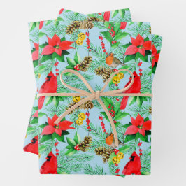 Poinsettia Spruce Branches Cones Robin Kardinals Geschenkpapier Set