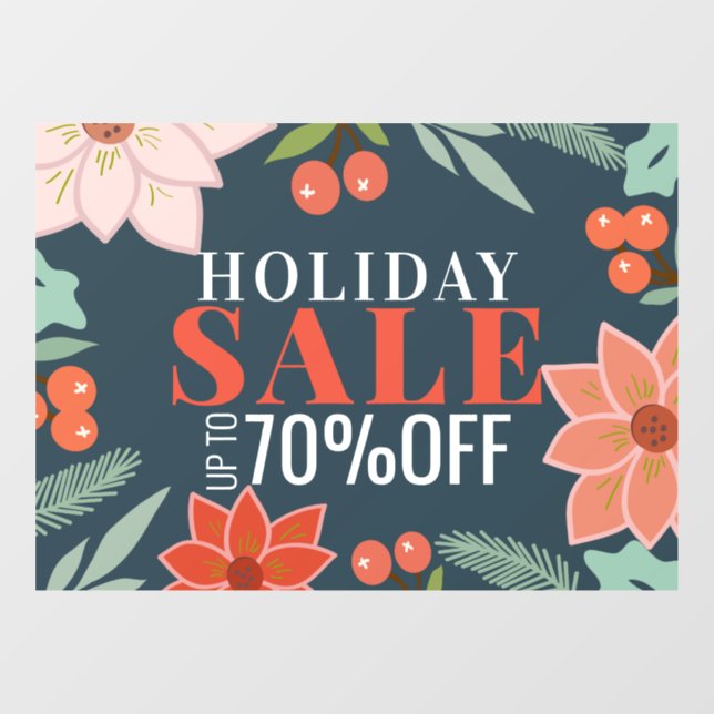Poinsettia und Berry Floral Holiday Sale Navy Fensteraufkleber (Blatt)