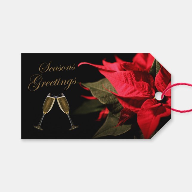 Poinsettia und Champagner Geschenkanhänger (Vorderseite (Horizontal))