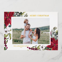 Poinsettia und Fir Blätter Frohe Weihnachten Foto Folien Feiertagskarte