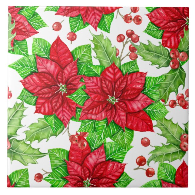 Poinsettia und Heilige Beere Weihnachten Fliese (Vorderseite)