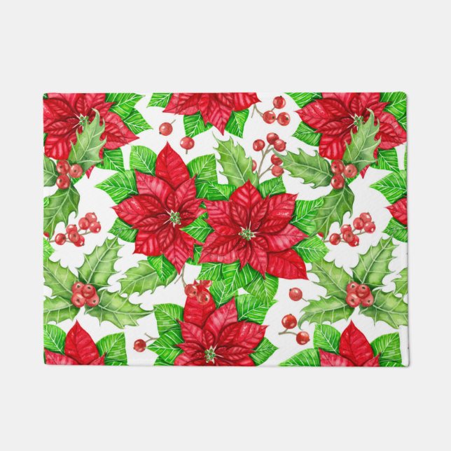 Poinsettia und Heilige Beere Weihnachten Fußmatte (Vorderseite)