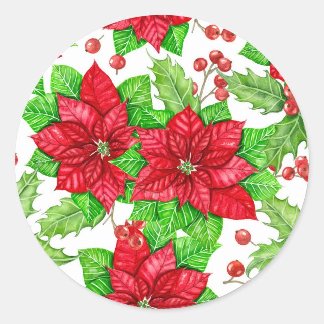 Poinsettia und Heilige Beere Weihnachten Runder Aufkleber (Vorderseite)