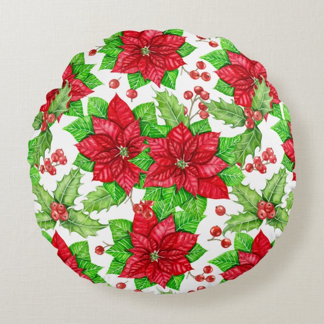 Poinsettia und Heilige Beere Weihnachten Rundes Kissen (Vorderseite)