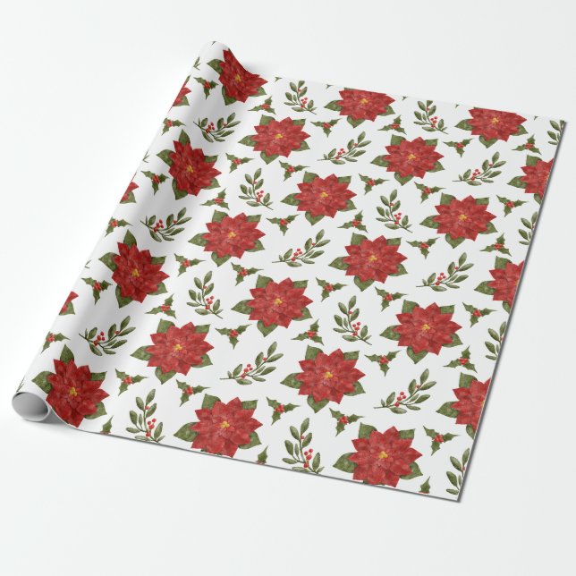 Poinsettia und Holly Christmas Gift Wrap Geschenkpapier (Ungerollt)