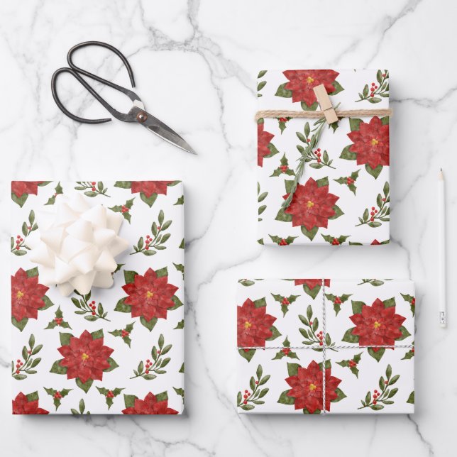 Poinsettia und Holly Christmas Gift Wrap Geschenkpapier Set (Vorderseite)